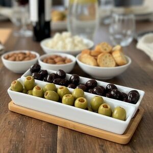 Mango Leaf Double Olive Tray Bamboo/porcelain size 7.5” L X 5.5” W.